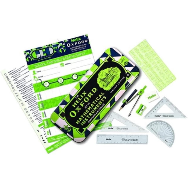 HELIX Ensemble d'Instruments Mathématiques Vert OXFORD en Boîte Métallique avec Motif Géométrique Vert et Noir, Incluant Boussole, Crayon, Gomme, Taille-Crayon, Règle de 15 cm, Carrés de 45° et 60°, Rapporteur et Feuille d'Horaire Scolaire, Convient aux Tâches de Géométrie et de Mathématiques.