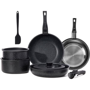 NEWBULIG 12-Piece Kit cuisine antiadhésif, Pots et casseroles avec poignée amovible, Compatible Induction, Lave-vaisselle & Four sécuritaire, espace-sauvegardant, noir
