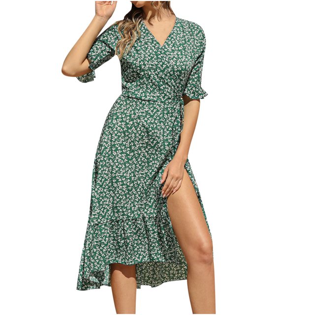 Chaussures Habillées pour Femmes Mode Décontractée Col en V Chiffon Floral Boho Plage Manches Courtes Robe Manches Courtes Robe Boho Plage Robe Courte Boho Sandales Mode pour Femmes