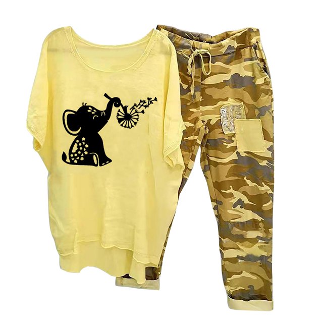 Ensemble d'Été Deux Pièces pour Femmes, Imprimé, Col Rond, Manches Mi-Longues, Chandail + Pantalon, Ensemble Deux Pièces en Liquidation