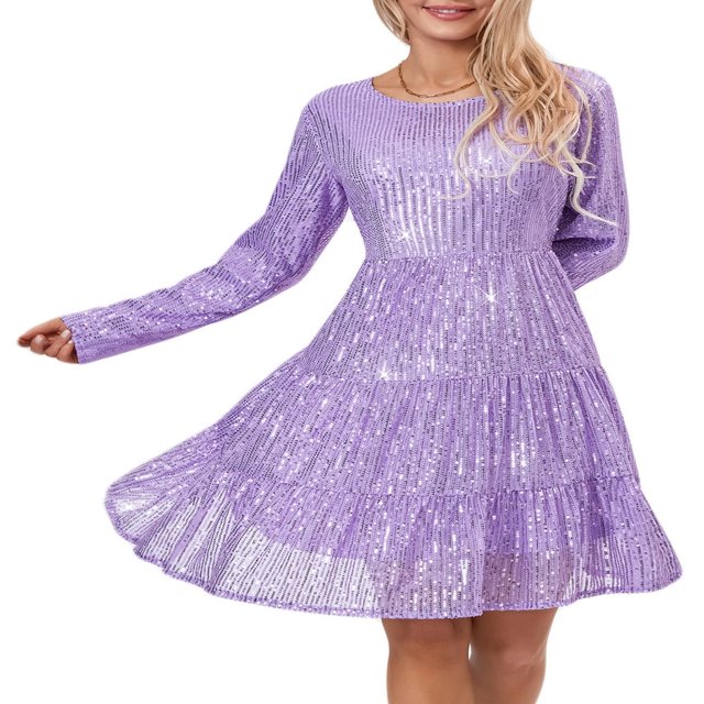 Sparkling Women‘s Long Sleeve Sequin Mini Dress in Solid Color