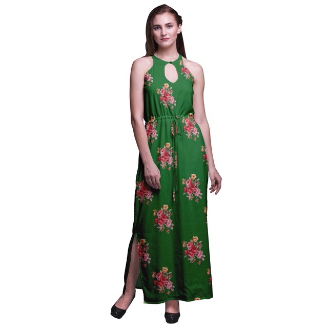 Bimba Robe Maxi à Imprimé Floral pour Femmes, Col Rond, Taille à Cordon, avec Fentes Latérales, Tenue d'Été - Moyen