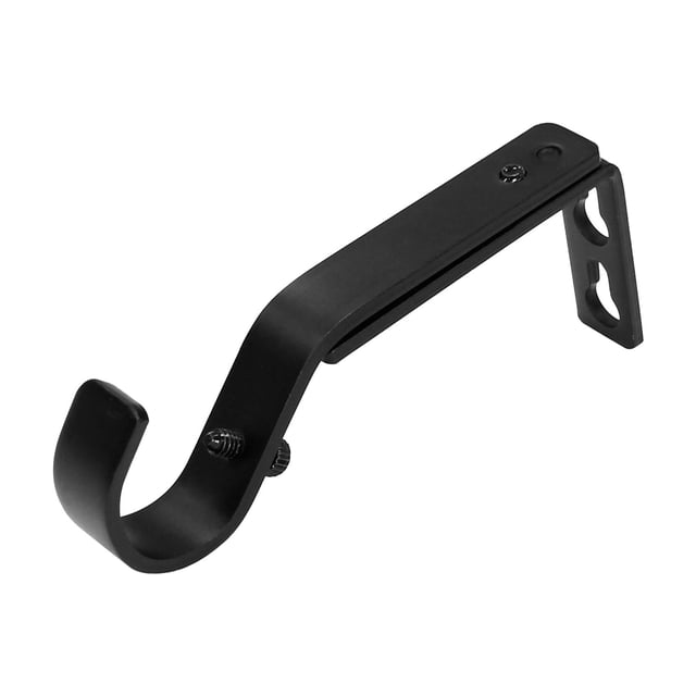 Mainstays 7/8”-1" Matte Black Adjustable Single Curtain Rod Bracket Set (2 Pack) two matte-black metal wall brackets front-facing, adjustable to fit 7/8"–1" (22–25 mm) diameter rods; set of 2 includes mounting hardware with screw holes visible, suitable for hanging lightweight decorative rods or string lights.