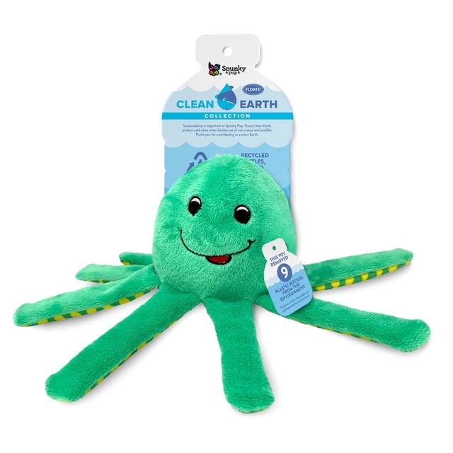 Clean Earth Plush Octopus - 100% Sustainable Dog Toy in green plush with a smiling face and eight legs, made from recycled PET plastic bottles removed from oceans and landfills, featuring a hang tag showing 9 bottles diverted, part of Spunky Pup's eco-friendly Clean Earth Collection, suitable for dogs who enjoy floating plush toys.