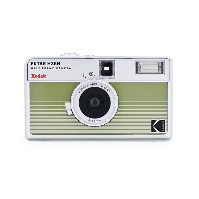 KODAK EKTAR H35N Half Frame Retro Film Camera (Striped Green) Plus a Bonus Microfiber Cleaning Cloth. Centered front view of a compact striped green half-frame 35mm film camera with 22mm fixed-focus wide-angle lens, built-in flash, visible tripod mount, star filter element and bulb long-exposure function; bonus microfiber cloth shown (colour and design may vary).