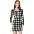 thumbnail image 1 of INSPIRE CHIC Robe Mini à Carreaux à Encolure Carrée Manches Longues Bouffantes Taille Haute pour Femmes P Noir, 1 of 5