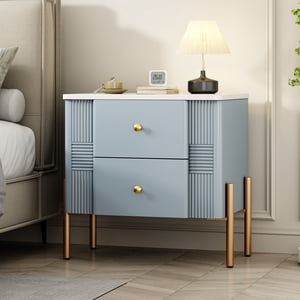 Cobear Modern Nightstand with 2 Storage Drawer Fluted Bedside Table Golden Metal Handles and Legs End Table for Living Room Bedroom Easy Assembly Blue