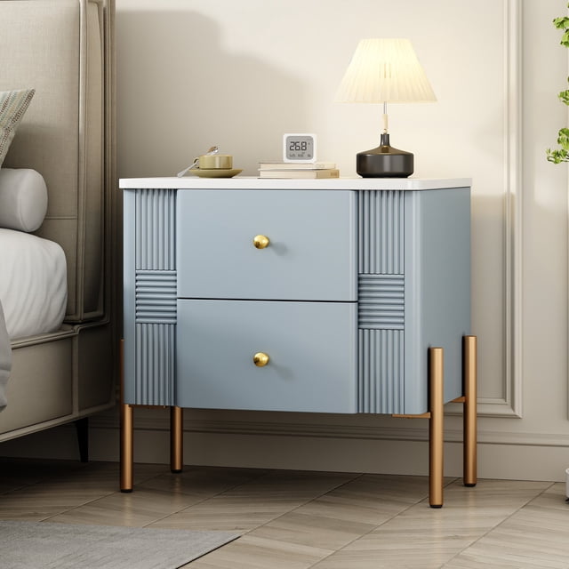 Cobear Modern Nightstand with 2 Storage Drawer Fluted Bedside Table Golden Metal Handles and Legs End Table for Living Room Bedroom Easy Assembly Blue