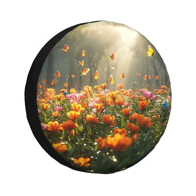 Vsdgher Butterflies In Flower Field for Spare Tire Cover, Tire Wheel Protector Wheel Cover Fit for Truck,Trailer,RV,SUV,Camper and Most Vehicle-16 inch