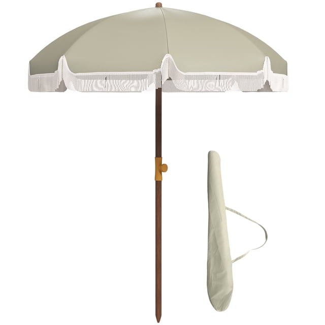 Outsunny 6.2' Ruffled Beach Umbrella with Carry Bag, Vent, Light Green. This portable beach umbrella features a light green UV40+ silver-coated polyester canopy with fringed ruffles for added style. The vented canopy with 8 ribs provides stability against wind, and the pointed pole allows easy setup in sand. The two-section metal pole and included carry bag with handle make it convenient for transport and storage. Dimensions: 6.2' diameter and 6.9' height.