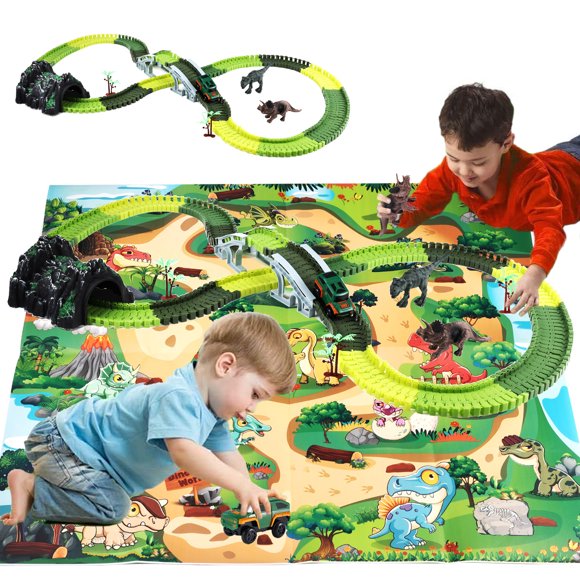 Zacro Jouets de Dinosaures Ensemble de Piste de Course, 240 Pcs Ensemble de Piste Flexible avec Tapis de Jeu pour Enfants Garçons Filles Cadeau Âges 3 4 5 6 7 8 Ans