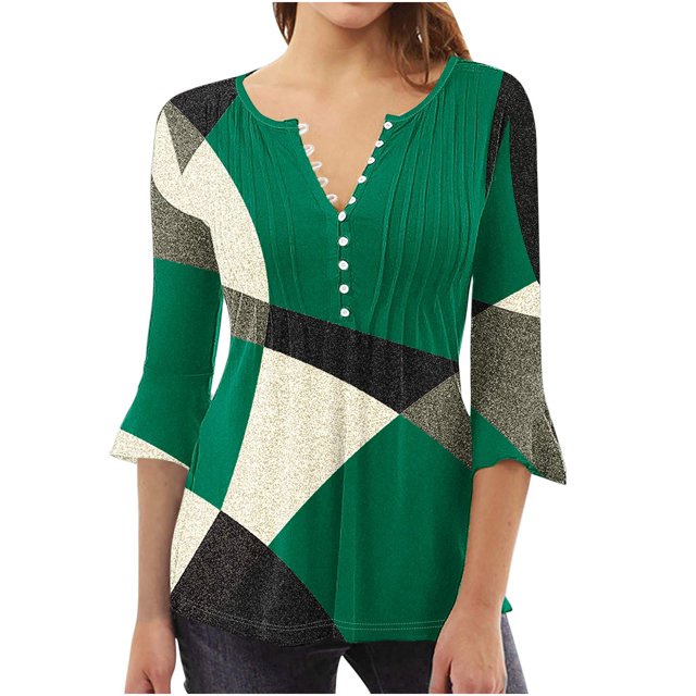 FAIWAD Women's 3/4 Sleeve Tunic Tops V Neck Button Down Tops Geometric Print Slim Pullover Tops