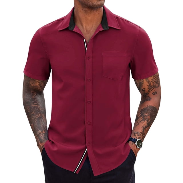 Birdeem Shirts for Men Men Casual Solid Color Button Short Sleeve Turndown Collar Blouse Shirt