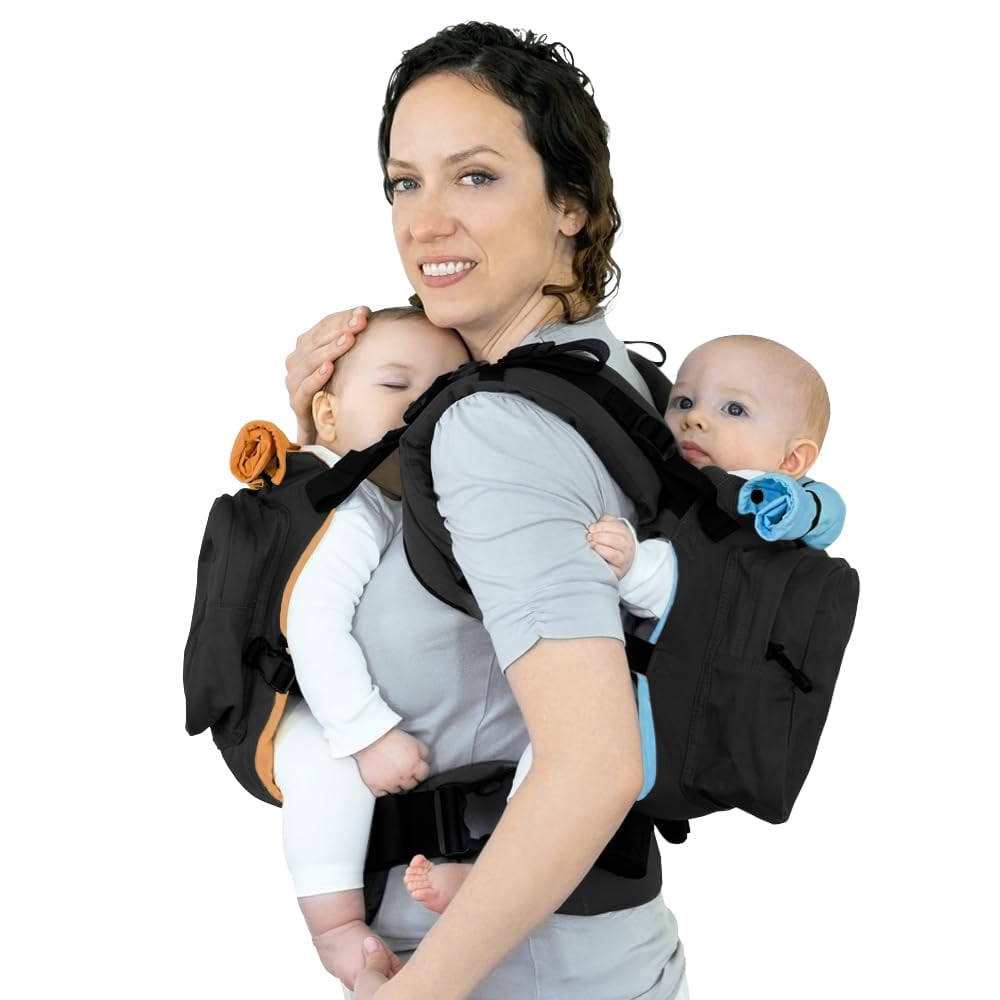 TwinGo Original Baby Carrier (Black Blue & Orange) - Fully Adjustable Tandem Carrier and Separates into 2 Single Carriers for Men Woman Twins and Babies 10-45 lbs