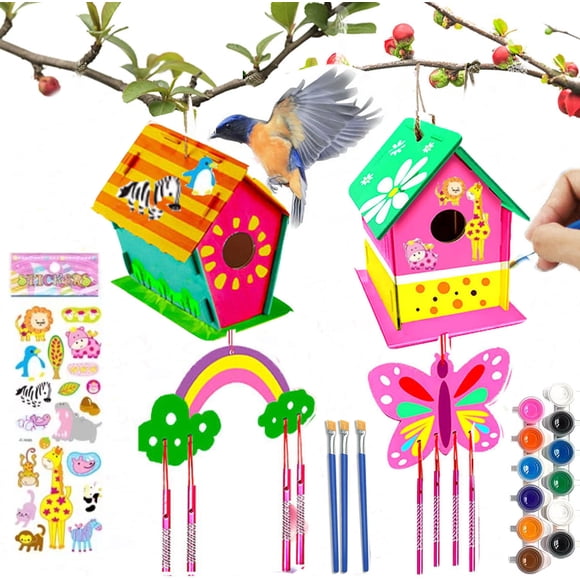 2 Set Diy Bird House Wind Chime Kits, Wooden Birdhouse Kit Crafts for Kids Ages 4-12, Build and Paint Arts Craft, Outdoor Toys, Ideal Birthday Gifts for Kids