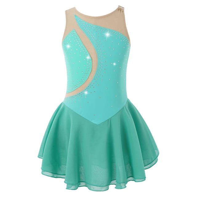 Sinleey Robe de Patinage Artistique pour Filles, Scintillante avec Strass, Sans Manches, Justaucorps de Danse Ballet, Vert 16