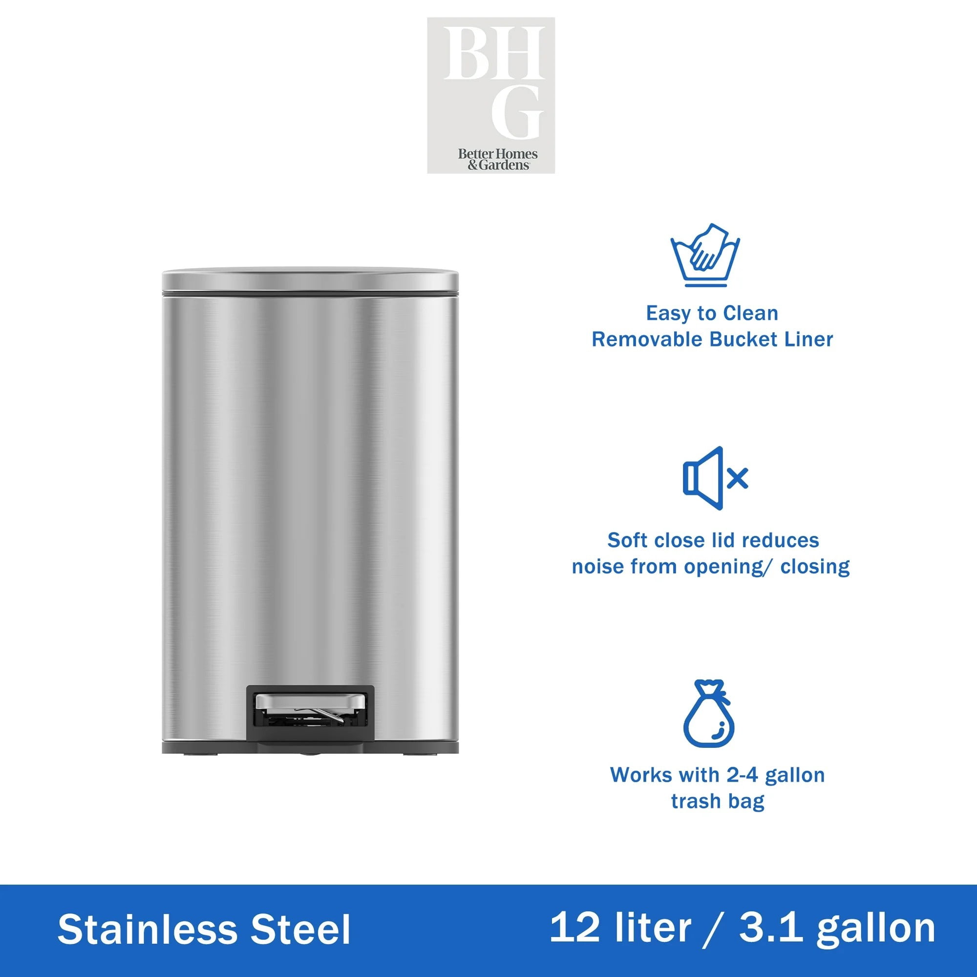 Poubelle de salle de bain Better Homes & Gardens, petite poubelle à pédale de 12 litres en acier inoxydable avec couvercle à fermeture douce, argentée