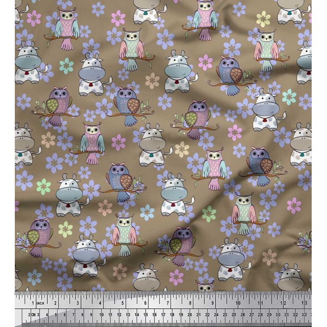 Soimoi Polyester Crepe Fabric Floral,Owl & Cow Cartoon Decor Fabric Printed Yard 42 Inch Wide
