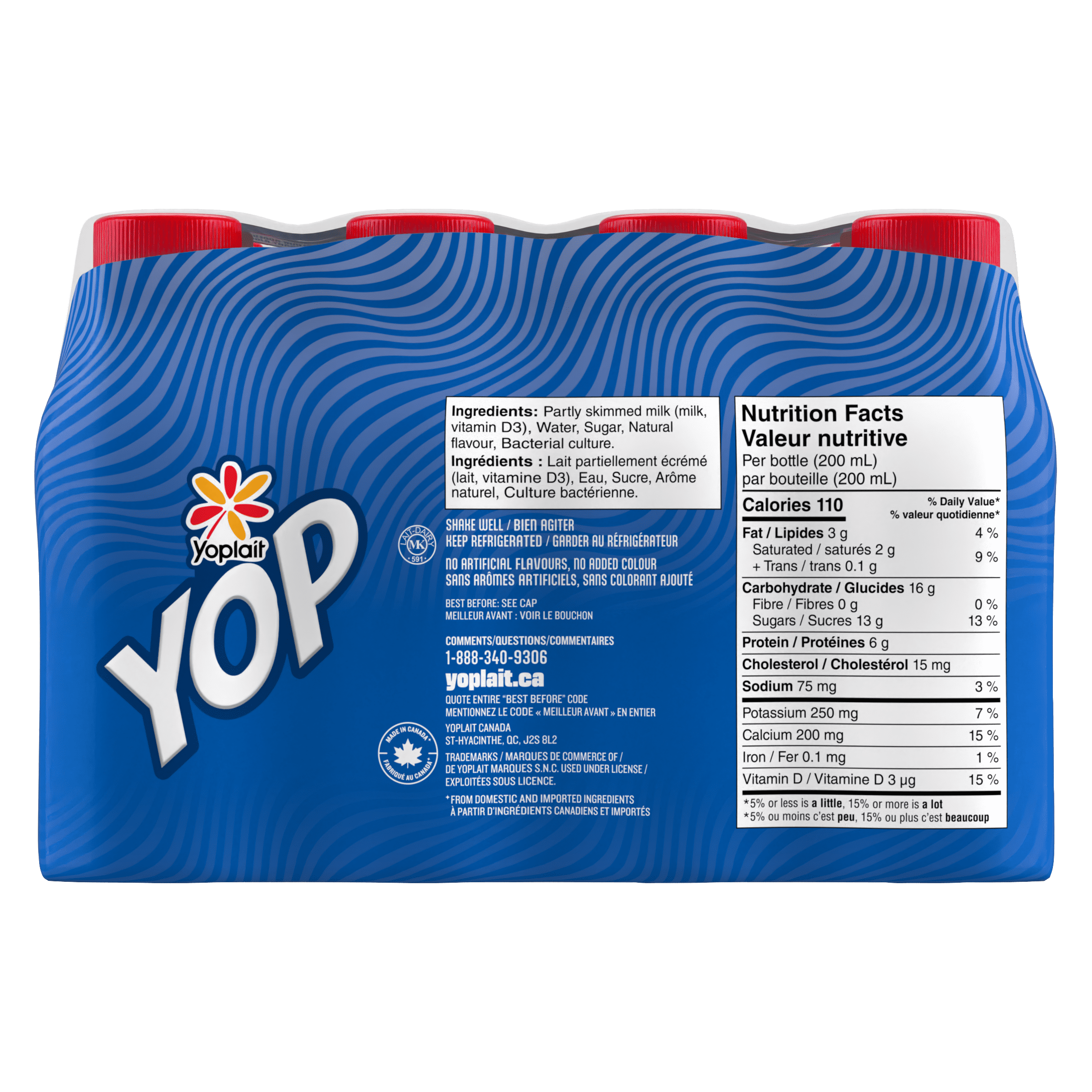 Yoplait Yop 1.5% Drinkable Yogurt, Strawberry and Vanilla, Yogurt Drinks, Kids Snack, 12x200ml
