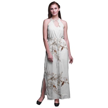 Bimba Robe Maxi Sans Manches à Col Ras du Cou et Dos Nu pour Femmes avec Fentes Latérales - Grand Blanc