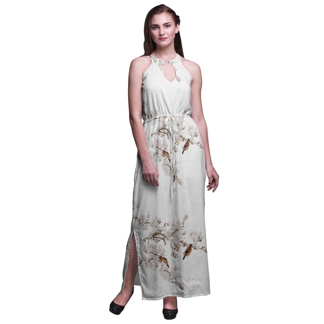 Bimba Robe Maxi Sans Manches à Col Ras du Cou et Dos Nu pour Femmes avec Fentes Latérales - Grand Blanc