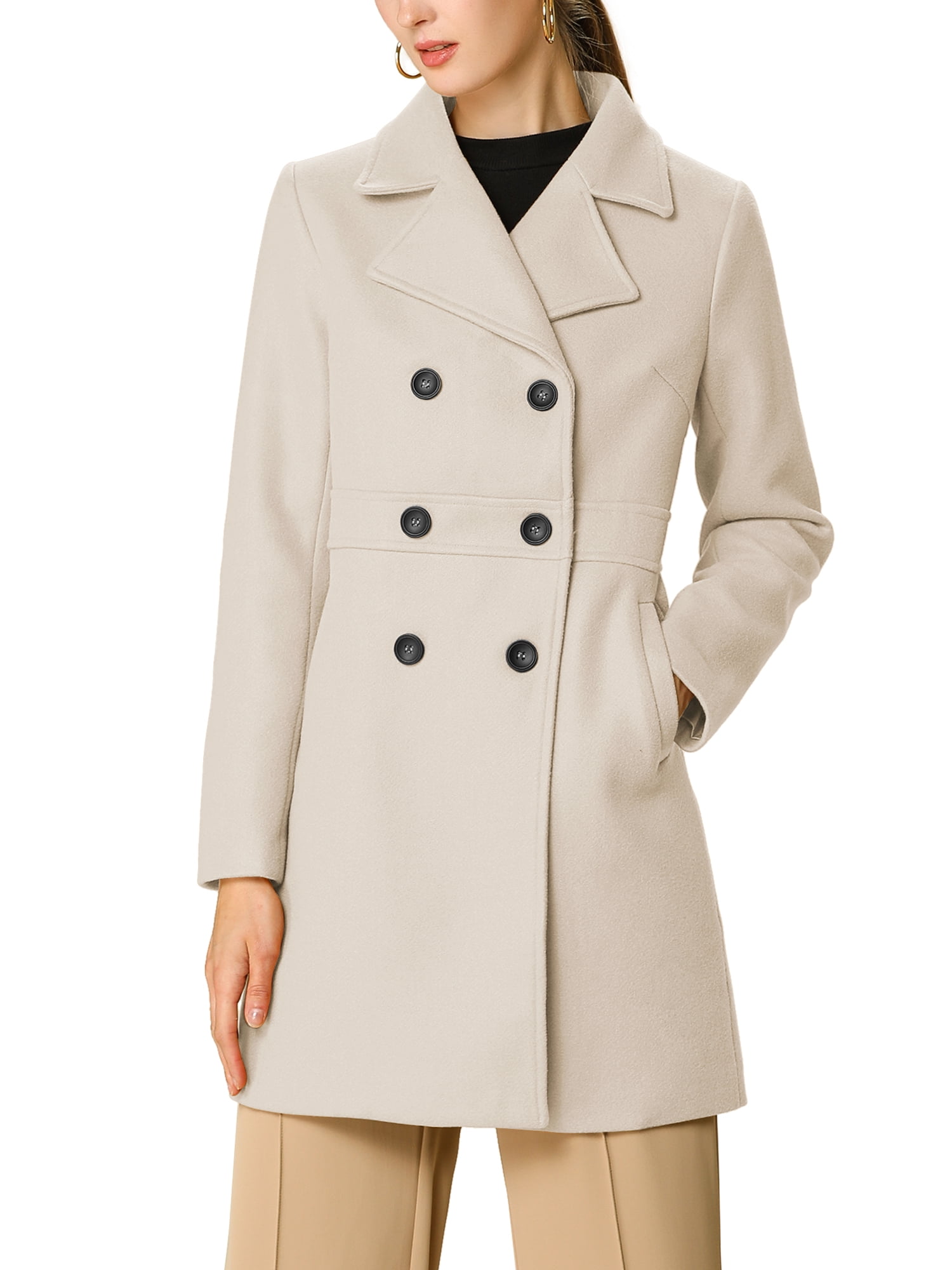 INSPIRE CHIC Manteau Mi-Long à Double Boutonnage pour Femme à Revers Cranté