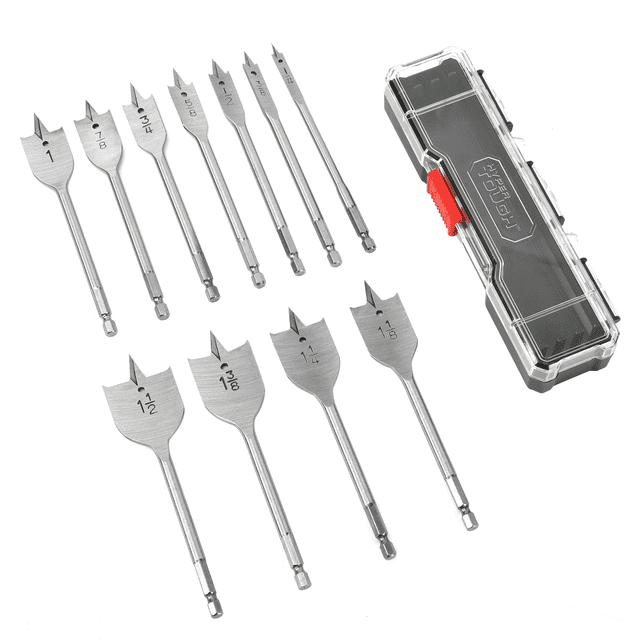 Hyper Tough 12-Piece Spade Drill Bit Set, Woodworking,Clear Lid Case