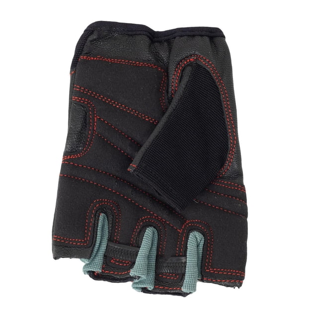 GoZone Weight Gloves – Traditional Style – S/M – Black/Red, half-finger black weightlifting gloves with red stitching and grey finger pull tabs, foam padding, breathable mesh fabric, and hook and loop closure for a snug fit, ideal for protecting hands and improving grip during strength training.