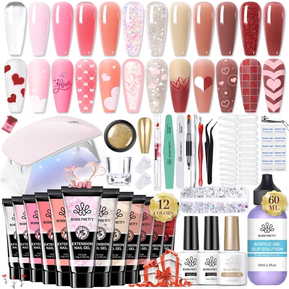 BORN PRETTY Poly Extension Gel Kit-12 Colors Extension Nail Gel Kit Nude Clear Jelly Pink All-In-1 Kit Builder Glue Gel with Nail Lamp Base Top Coat Set Nail Forms Frenc
