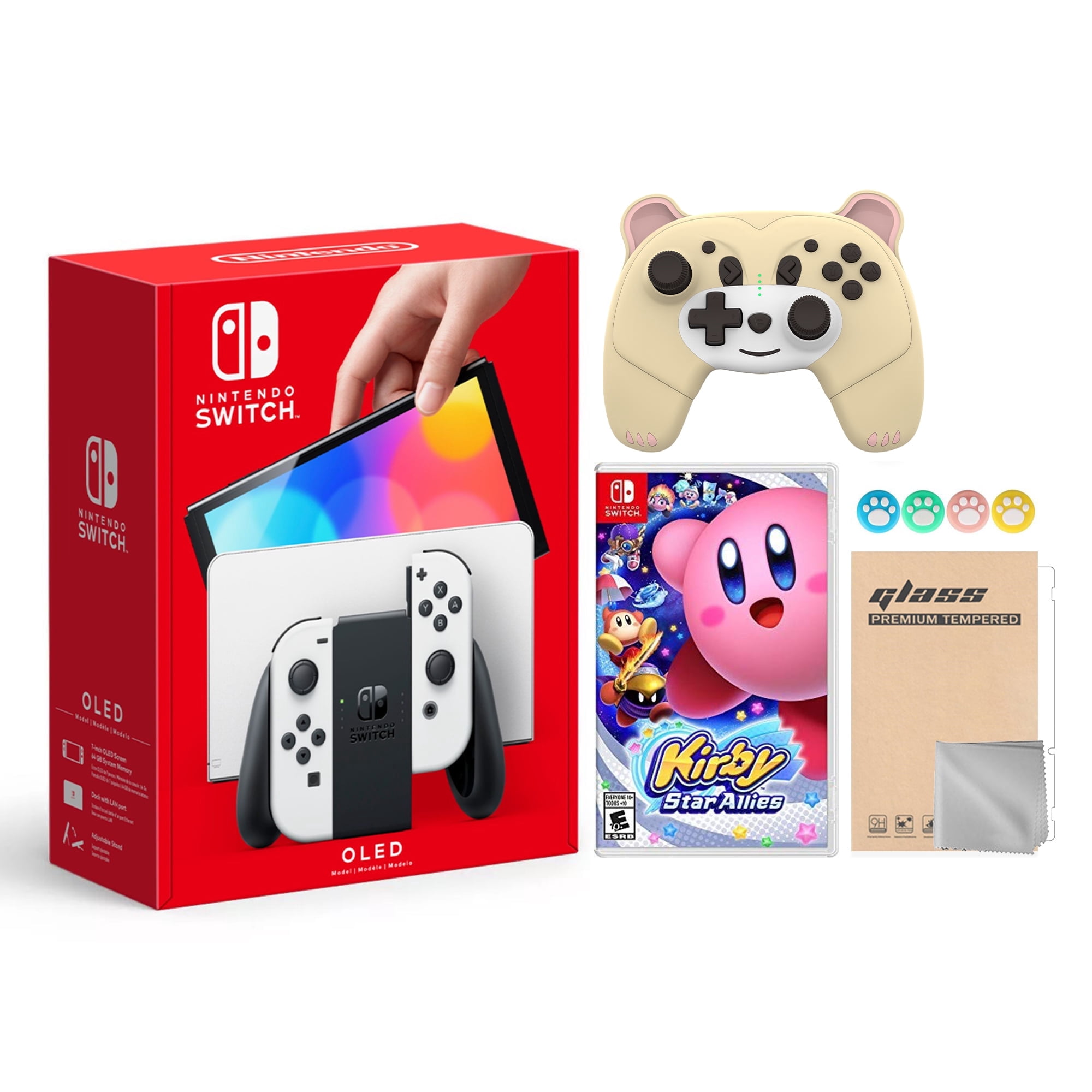 2021 New Nintendo Switch OLED Model White Joy Con 64GB Console Improved HD Screen & LAN-Port Dock with Kirby Star Allies And Mytrix Wireless Switch Pro Controller and Accessories