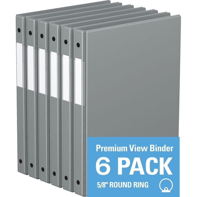 Davis Group Premium Economy Round Ring Binder 6 Pack 5/8 inch with six grey binders featuring clear interior pockets on front and back covers, full width label holders on spines, and 100-sheet capacity, suitable for office and school document organization.