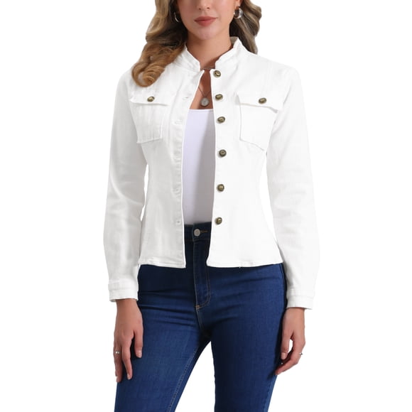 INSPIRE CHIC Women's Denim Jacket Stand Collar Long Sleeves Flap Pockets Jean Jacket White S