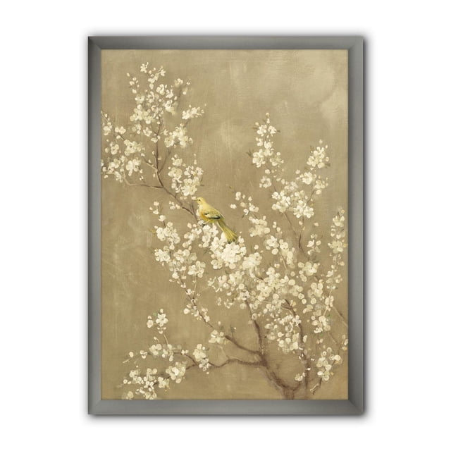 Designart White Cherry Blossom III Framed Wall Art depicting white cherry blossom branches with delicate flowers and a yellow bird perched on a branch, printed on fade-resistant cotton canvas and mounted in a 1.5-inch wide grey frame, arriving ready to hang with included hanging kit, suitable for enhancing home wall décor.