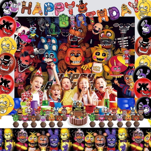 Nights Freddy's Party Decorations Five Freddy's Happy Birthday Party Supplies Set include Banner , Balloons, Cake Cupcake Toppers, Freddy's Background, Tablecloth