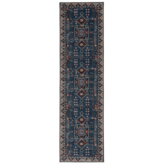 Larson 2' x 8' washable runner rug in teal and ivory with a kilim-inspired geometric pattern featuring bright yellow and orange accents on a distressed teal background, made of stain-resistant polyester with nonslip rubber backing, ideal for kitchens, hallways, and laundry rooms, and often used in RVs for easy cleaning.