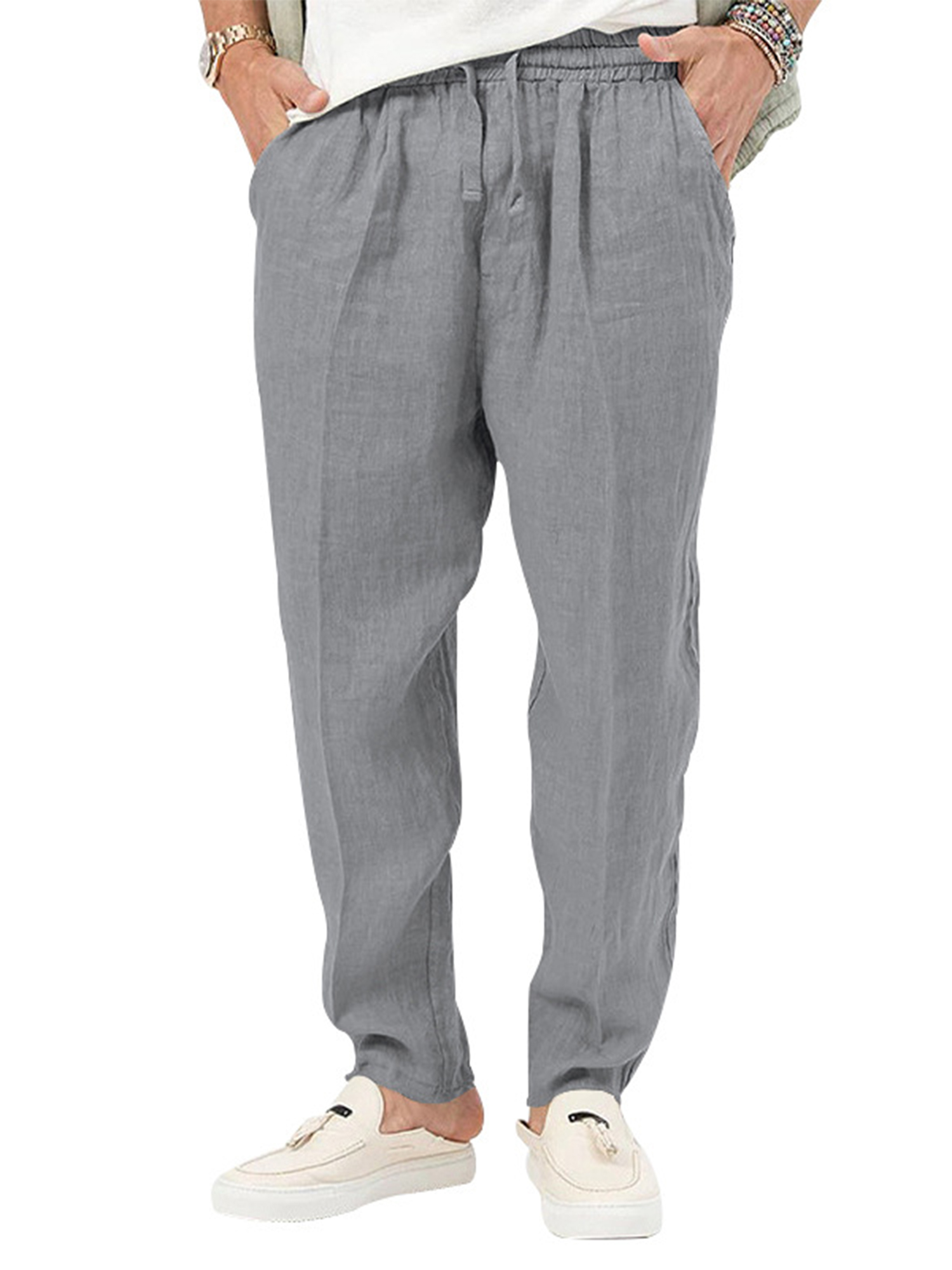 Innerwin Trousers Drawstring Men Bottoms Holiday High Waist Lightweight Summer Pants Grey 2XL
