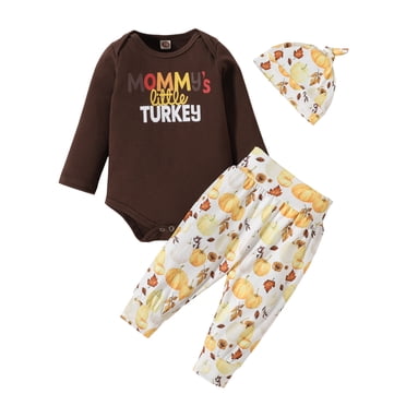 LUOGENLI My First Thanksgiving Baby Girl Boy Outfit Long Sleeve Turkey Letter Print Romper Bodysuit Tops Pumpkin Pants Hat 3Pcs Clothes Set Outfits for Boys Denim Plus Size Brown 6-12 Months