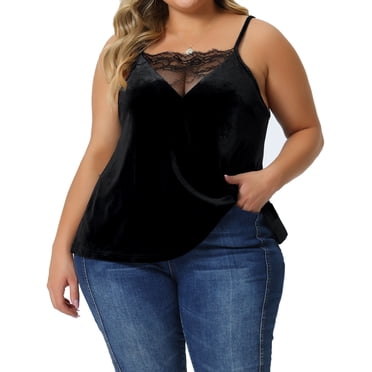 GRACE & GRANDEUR Velvet Camisole for Women Plus Size Adjustable Strap Lace Sexy Sleeveless Cami Tank Tops Black 4X