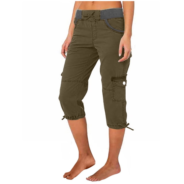 Cameland Pantalon Cargo de Randonnée pour Femmes en Coton, Taille Élastique, Pantacourt d'Extérieur à Bas Resserré, Pantalon de Sport avec Poches
