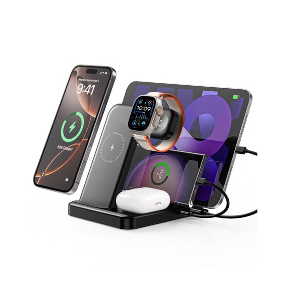 Intoval 5-in-1 Charging Station, for iPhones 16 Pro/16 Pro Max/16 and Androids, iPad Pro/Air/Mini, Apple Watch 10/Ultra 2/Ultra/8/7/6/SE, Wireless Charging
