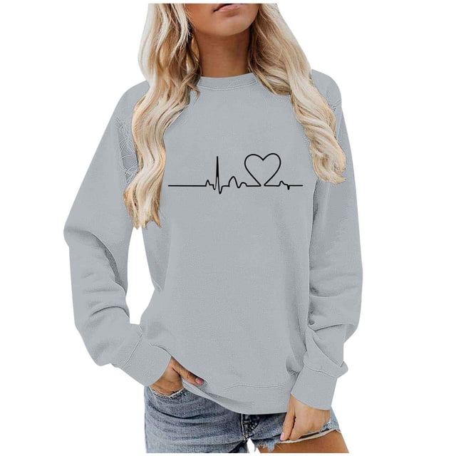 BLVB Chandail à Col Rond pour Femmes, Imprimé de Cœur, Manches Longues, Mignon, Coupe Ample, Léger, Hauts d'Automne, Cadeaux de la Saint-Valentin