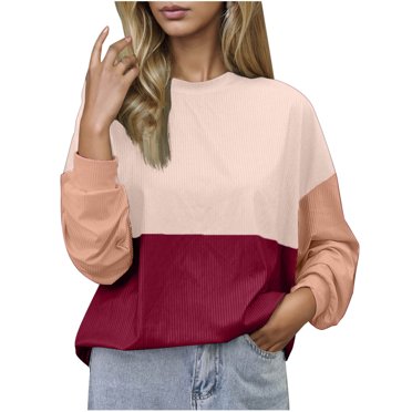 FAIWAD Long Sleeve Tops for Women Casual Loose Color Block Ribbed Knit Crewneck Pullover Trendy Work Clothes