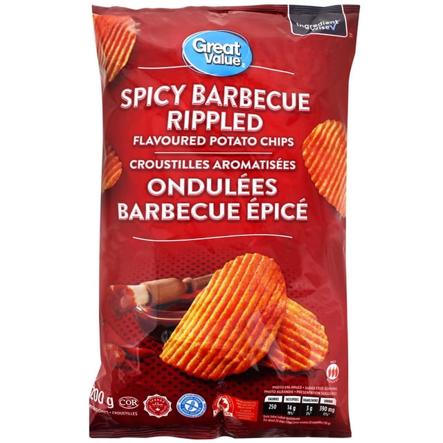 Great Value Spicy Barbecue Rippled Flavoured Potato Chips in a red 200 g bag featuring ridged chips seasoned with spicy barbecue flavour, certified halal and gluten-free, with a three-pepper hot rating and Ingredient Wise label, suitable for game nights or barbecues.