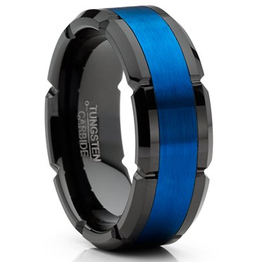 Mens Tungsten Ring Grooved Wedding Band Black Blue Comfort-fit 8MM