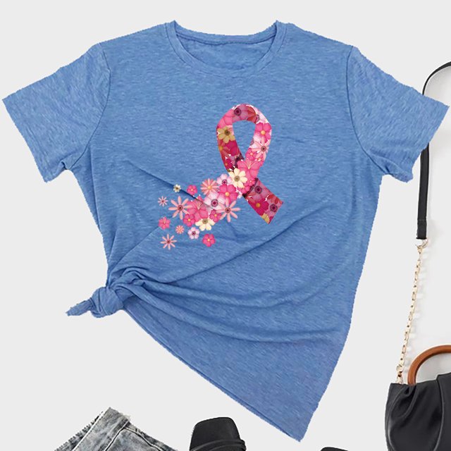 TIMIFIS Chandails de Sensibilisation au Cancer du Sein pour Femmes Été Ample Imprimé T-Shirt à Col Rond Manches Courtes Blouse Décontractée Automne/hiver