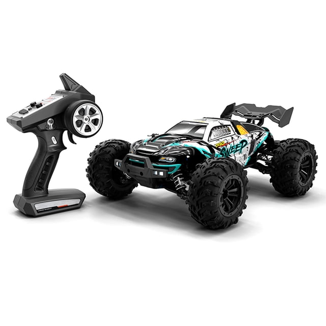 Remote Control Car 2.4Ghz 70KMH High Speed 116 Off Road Trucks Brushless Motor 4WD Vehicle Racing Climbing Car Gifts for Adults. The image shows a black and green RC truck with a rugged design, large off-road tires, and a rear spoiler. The truck is paired with a 2.4GHz remote controller featuring a wheel and trigger design. This high-speed RC car is equipped with a brushless motor, four-wheel independent suspension, and metal components for durability. Suitable for various terrains like grass, snow, and mountain roads.