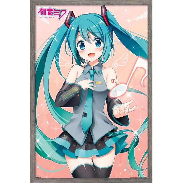 Hatsune Miku - Affiche Murale de Note de Musique avec Punaises, 14,725 Pouces x 22,375 Pouces Représentant le Personnage d'Anime Hatsune Miku avec de Longues Queues Jumelles Sarcelle, Portant une Tenue Sans Manches Grise et Sarcelle avec une Cravate, des Manchons de Bras Noirs avec des Motifs Numériques, et une Jupe Plissée. le Fond Pêche Comprend des notes de Musique Blanches et des Paillettes. Cette Affiche Lustrée et Légère Est Facile à Accrocher avec Punaises Incluses, Convient à la Décoration de Chambre, Bureau