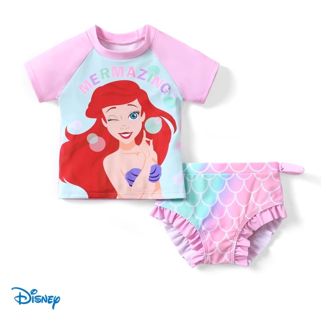 Disney Princess Toddler Girls Ariel Rapunzel Tiana Rash Guard, 2-pcs, Set Sizes 2-6, Pink
