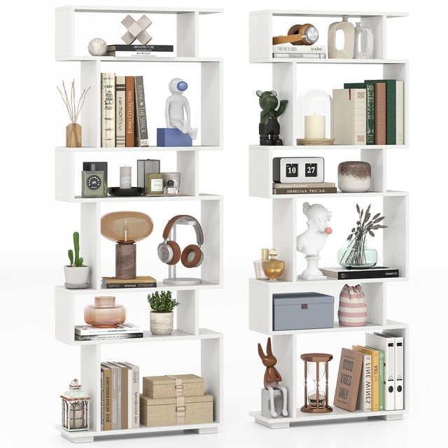 Gymax 2PCS 6-tier Storage Bookshelf Tall Display Shelf w/ Anti-toppling Kits White