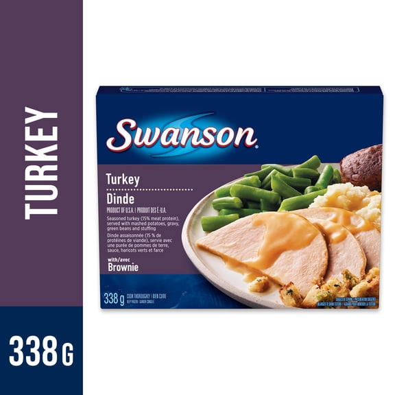 Repas de dinde Swanson: de la dinde assaisonnée, servie avec de la purée de pommes de terre, de la sauce, des haricots verts et de la farce 338g